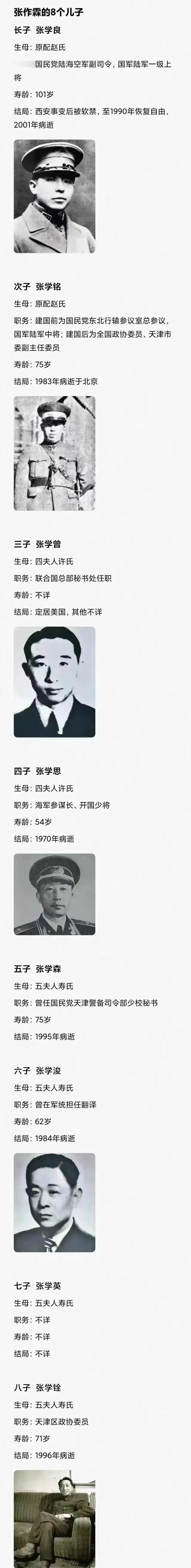 张作霖的8个儿子都是谁。
张学良是长子，活到了101岁，自从西安事变之后便被软禁