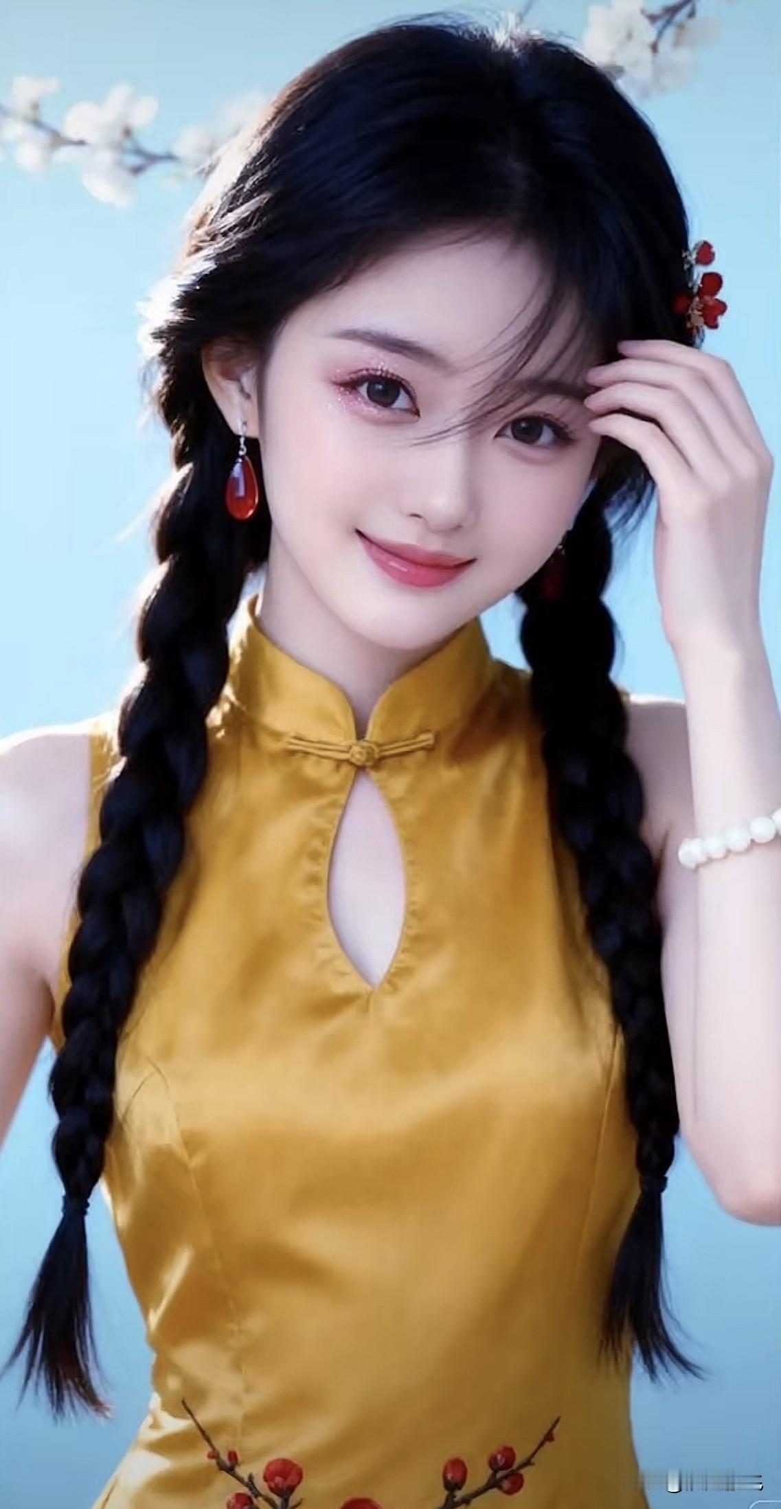 古典美人，金丝黄裙，双辫飘逸，红唇轻启，韵味十足。绿裙美人 红衫美人 紫玉蓝旗袍
