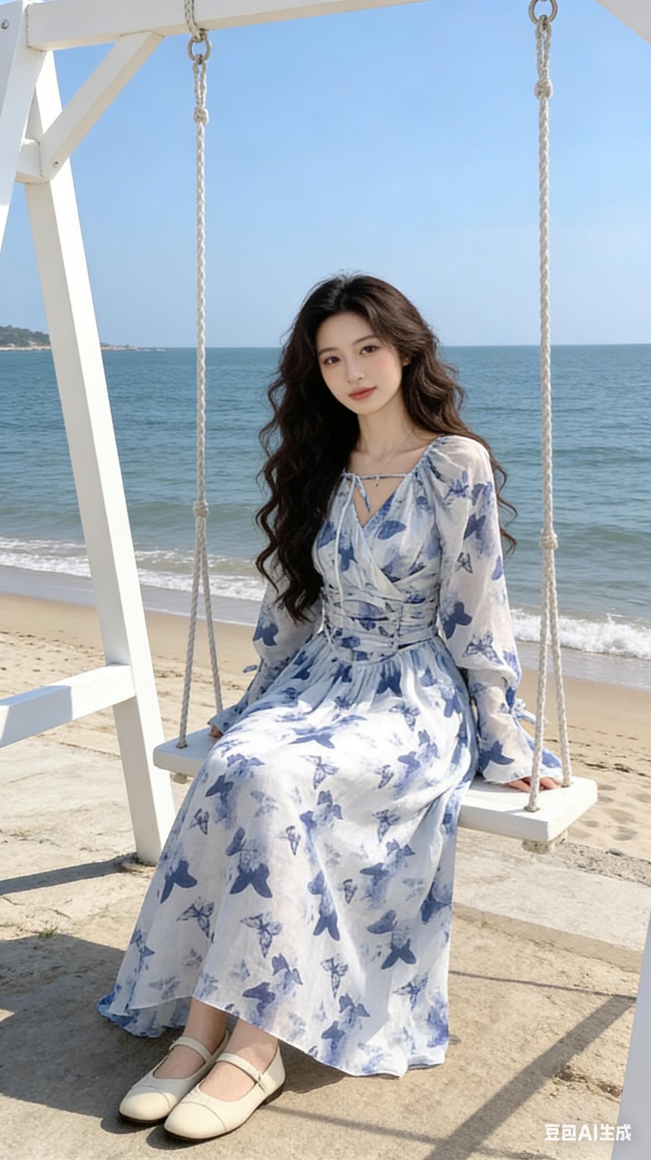 海边荡秋千，蓝白连衣裙，享受宁静时光🌊👗👠