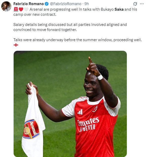 罗马诺更新社媒：阿森纳与萨卡及其团队就新合同的谈判进展顺利。薪资细节仍在讨论中，