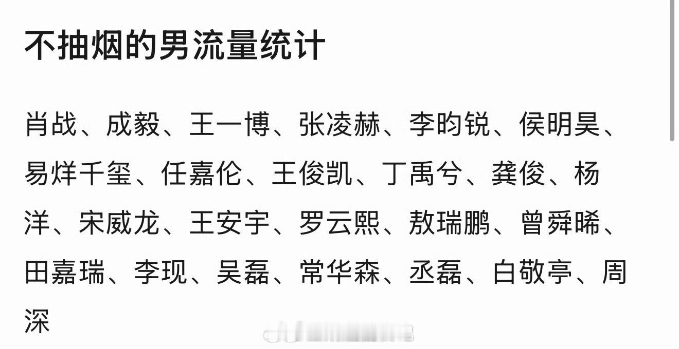 网友统计的不抽烟男明星，感觉大家对不抽烟的男明星好感度会更高…肖战、成毅、王一博