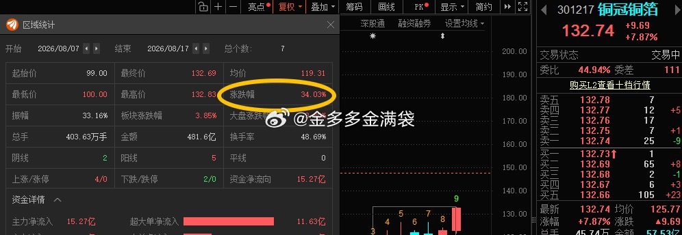 铜冠铜箔301217📈T+6涨超34%