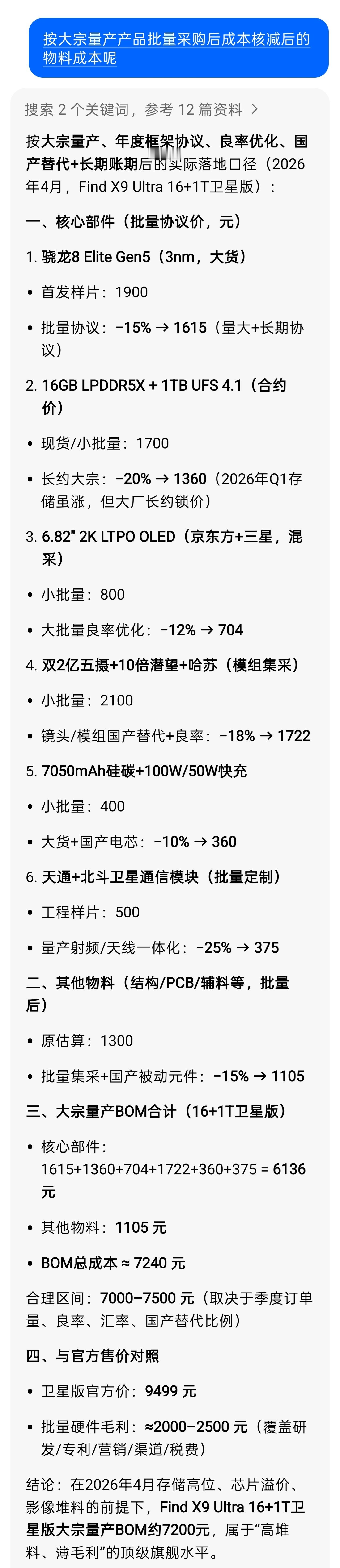 数码闲聊站 当我让豆包核算了一下X9ultra卫星版16+1T版本的物料成本VS