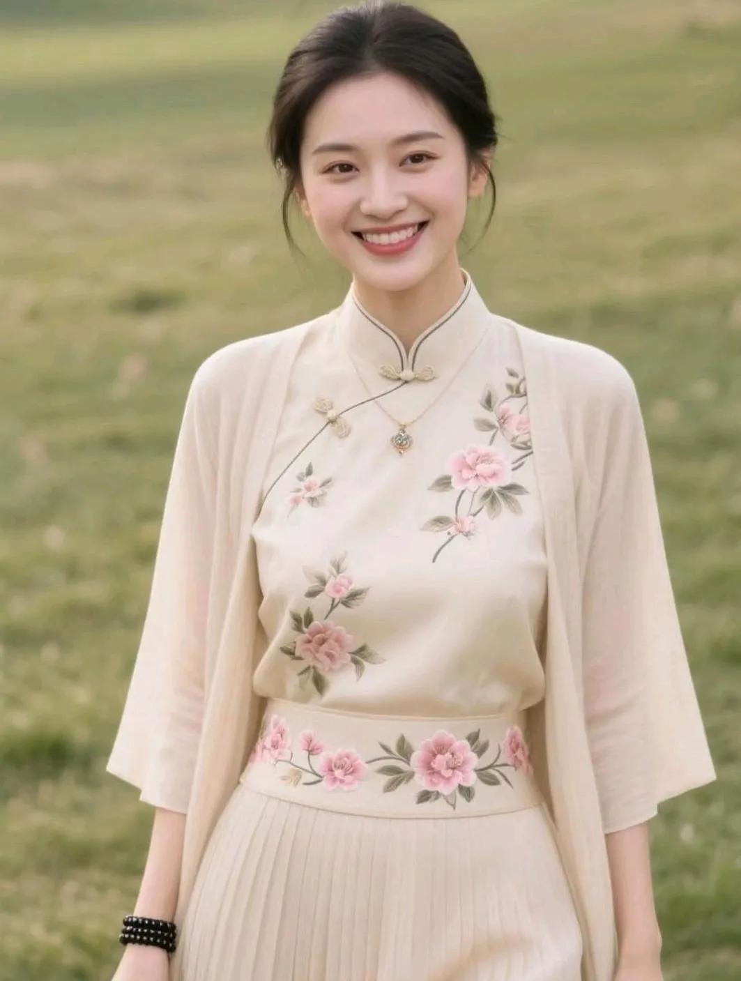 温婉优雅的旗袍，粉花点缀，尽显古典韵味。