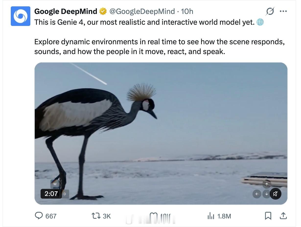 谷歌推出最强世界模型Genie4谷歌 DeepMind 推出了最新的世界模型 G