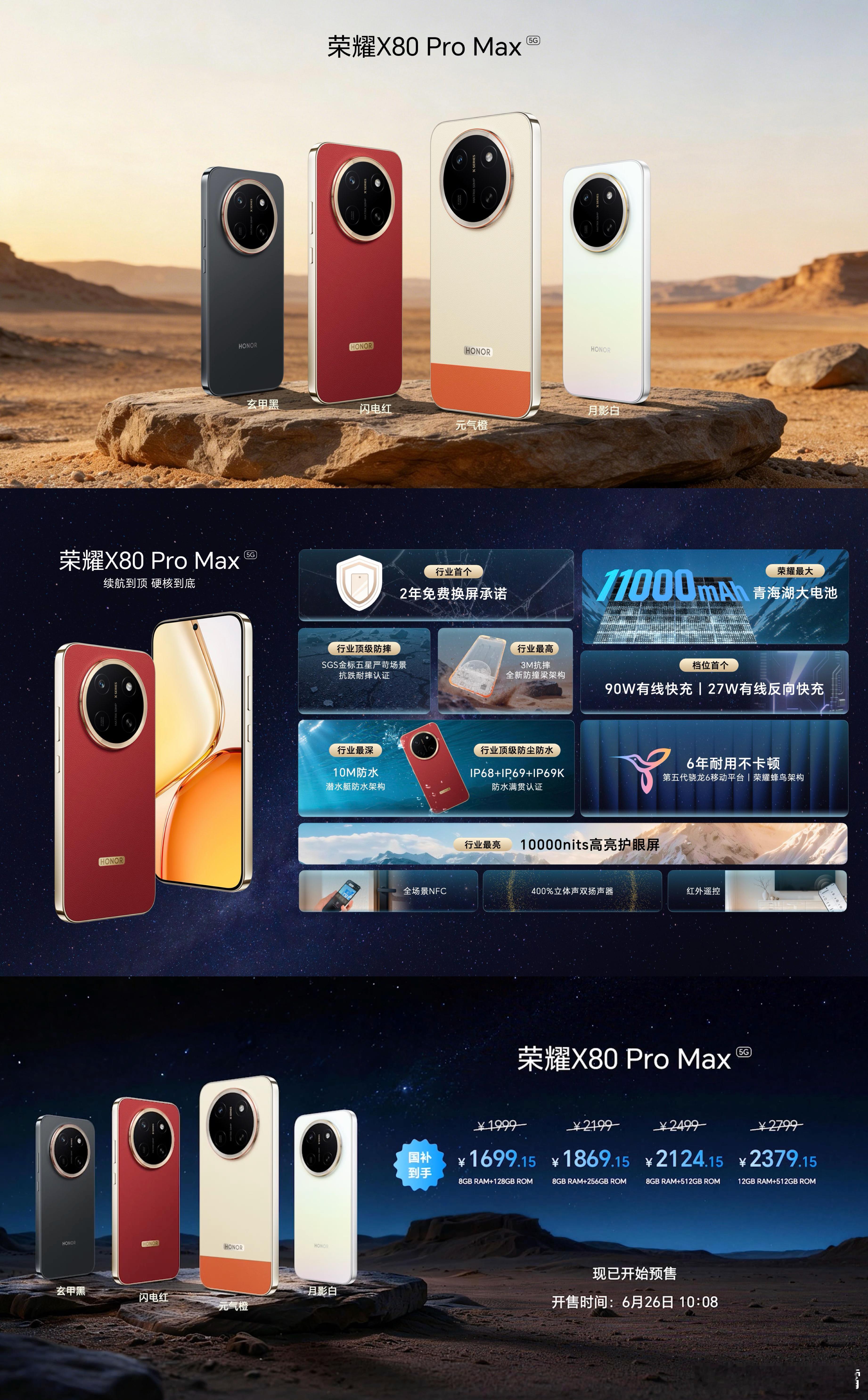 荣耀 X80 Pro Max价格方面，总共4个版本，8 + 128GB版卖199