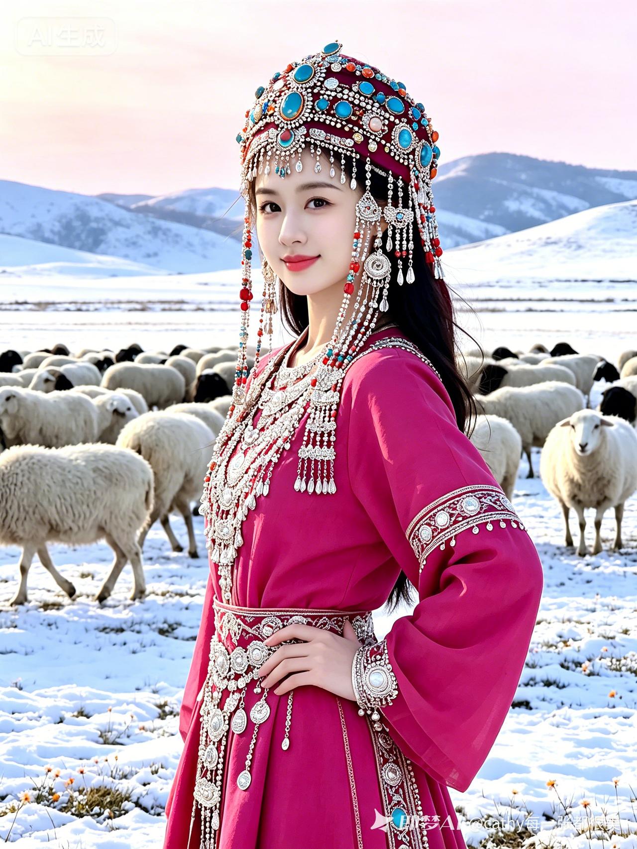 这位小姐姐在雪地里放羊，好美啊！