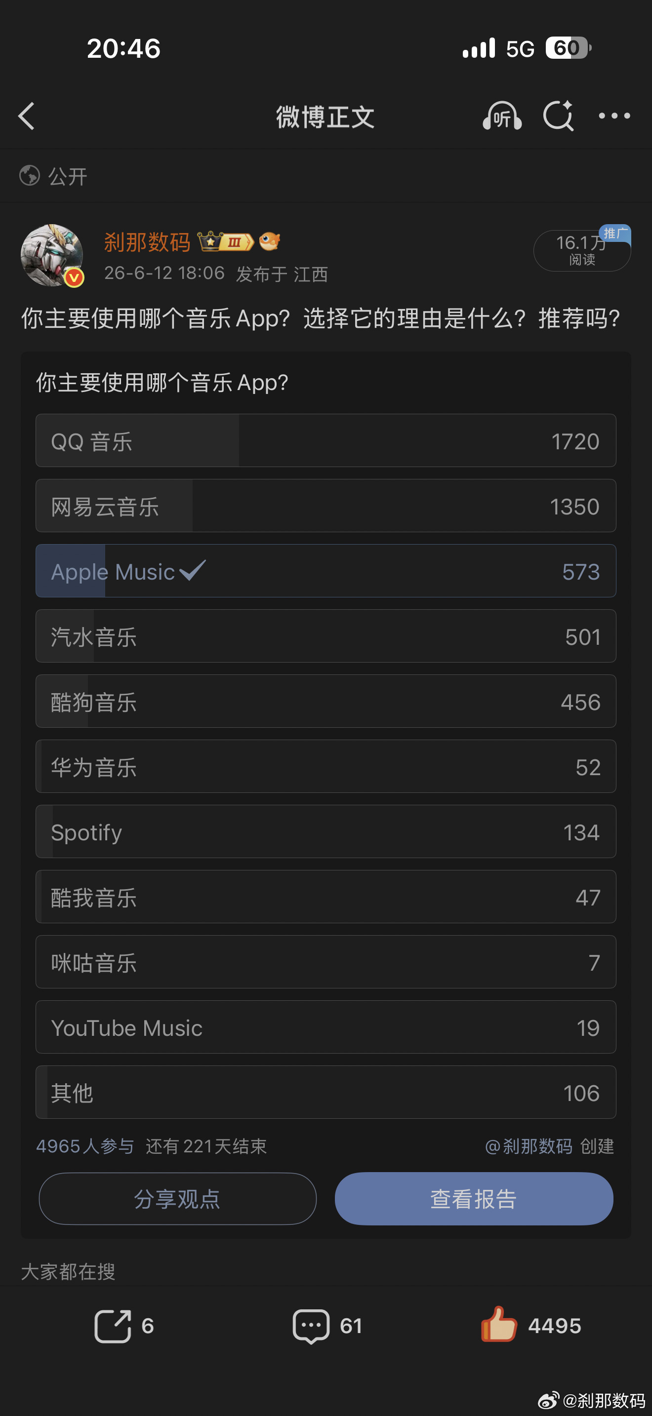 网友做的排名，即使拉完了粉丝里投票 QQ 音乐还是排名第一