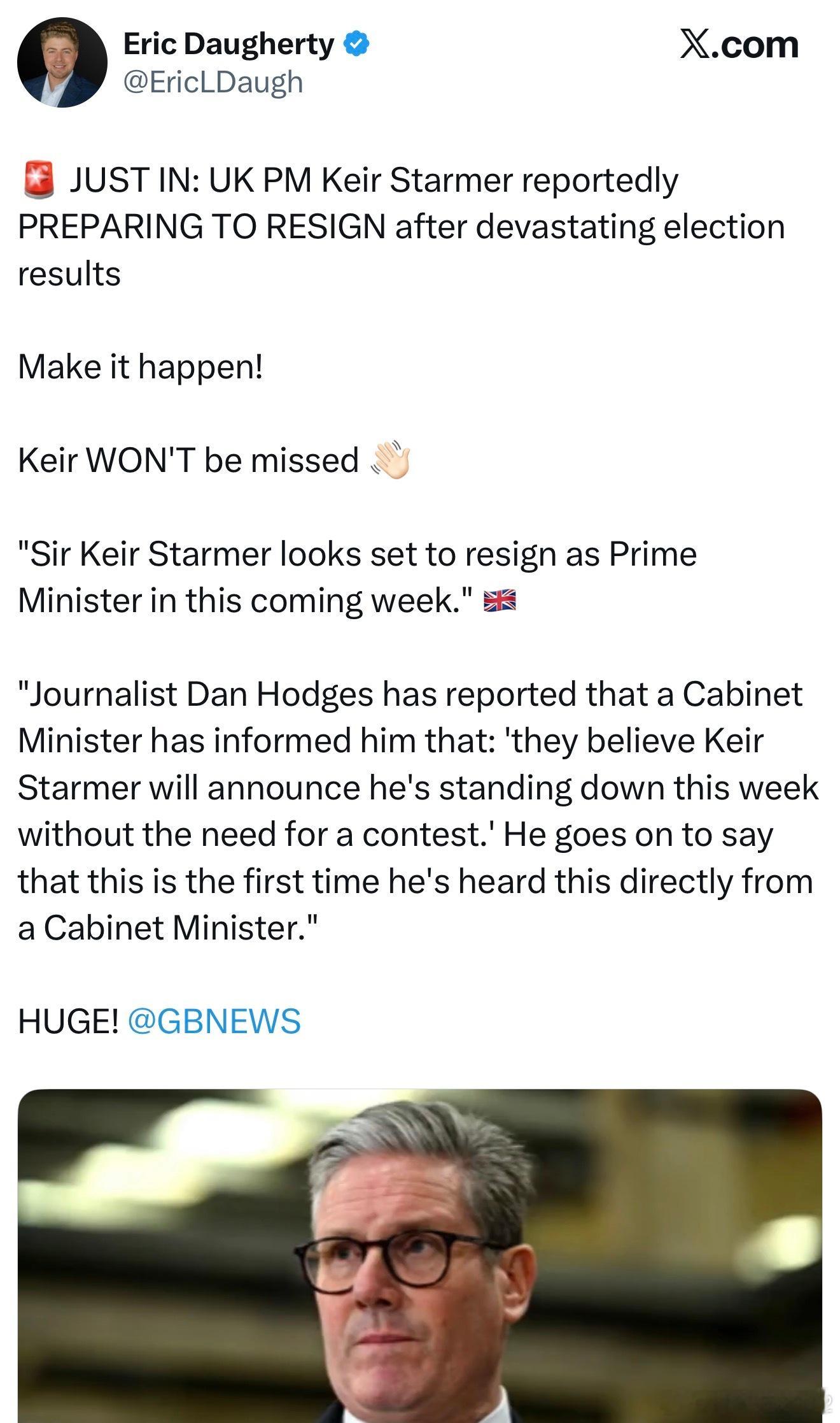 【突发】据报道，英国首相基尔·斯塔默（Keir Starmer）在遭遇毁灭性的选
