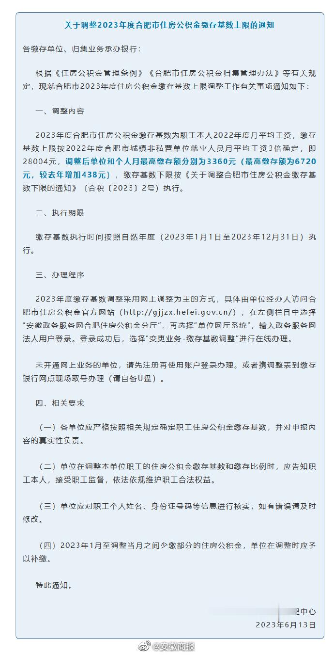【最新通知！#合肥调整2023年度住房公积金缴存基数上限#】13日，记者从合肥市