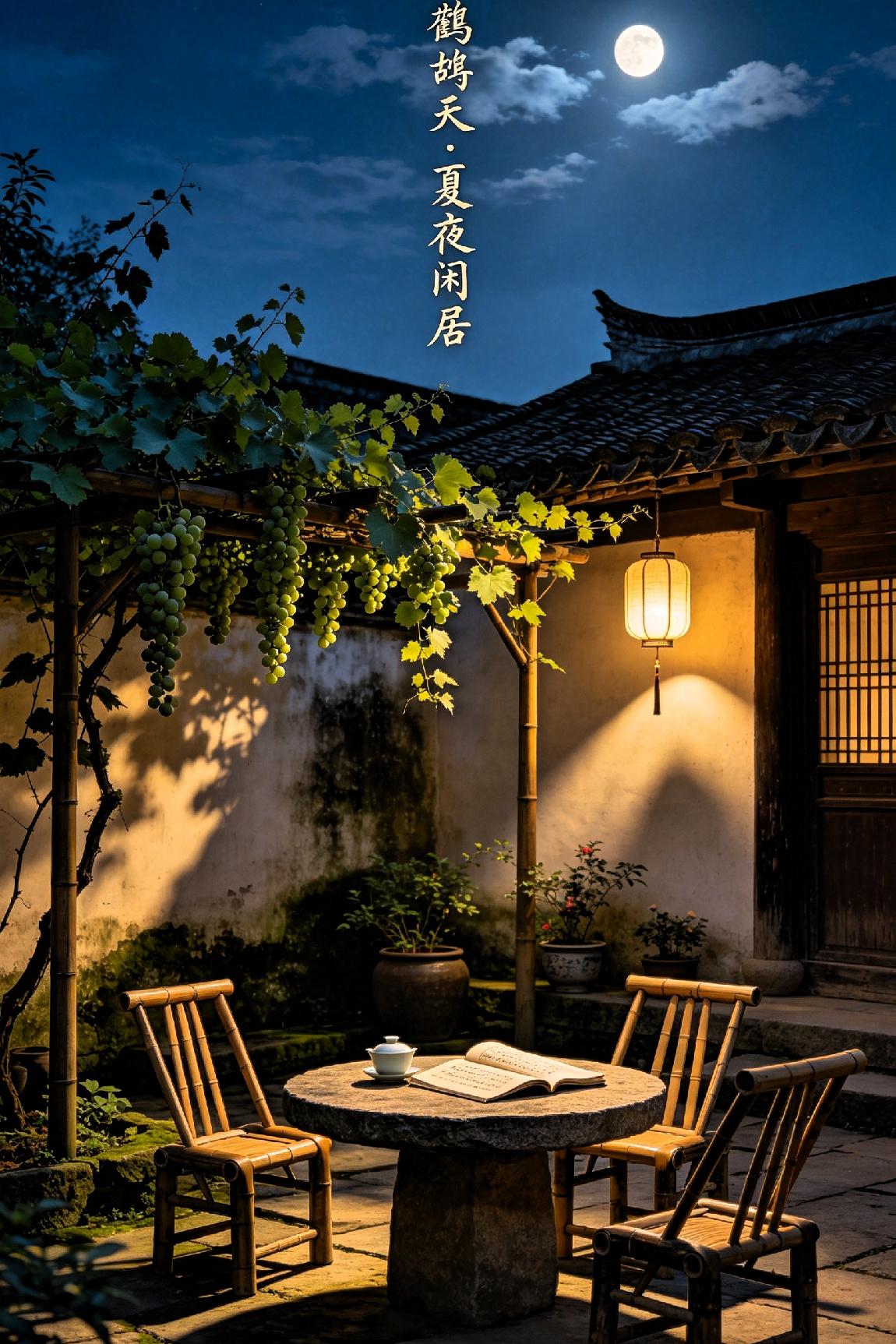 鹧鸪天·夏夜闲居

 
竹影侵窗漏浅光，小庭风送稻花香。

冰瓷浸果消残暑，素扇