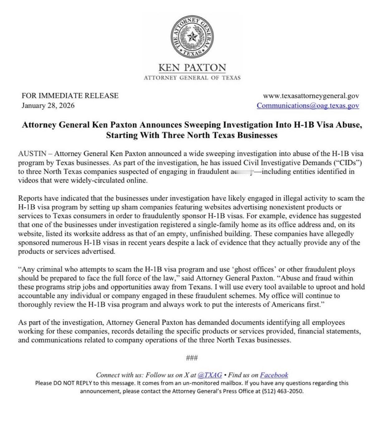 美国得克萨斯州总检察长肯.帕克斯顿：

“我宣布将对 H-1B 签证滥用行为展开
