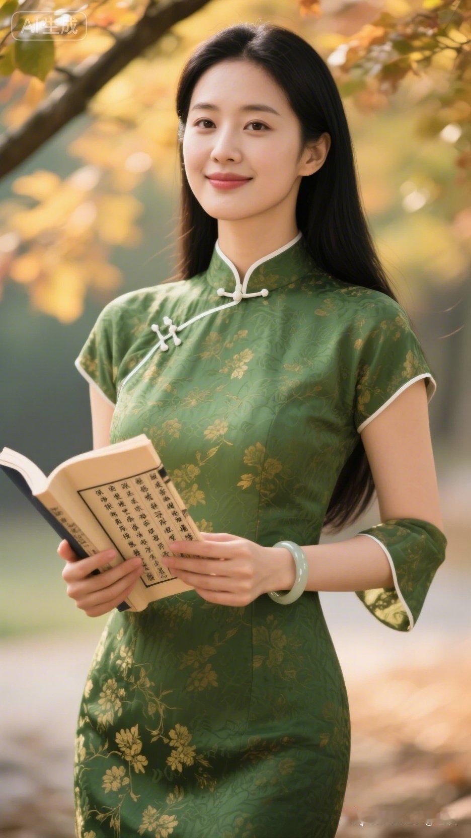 秋日静谧时光，绿衣少女捧书读！