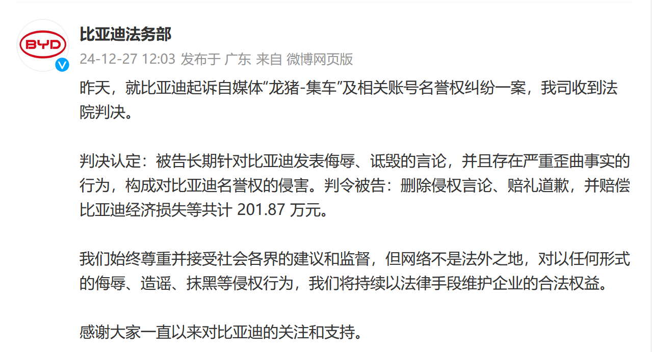 法院判决龙猪集车赔偿比亚迪202万元 干得漂亮，龙猪-集车对比亚迪进行长期的恶意