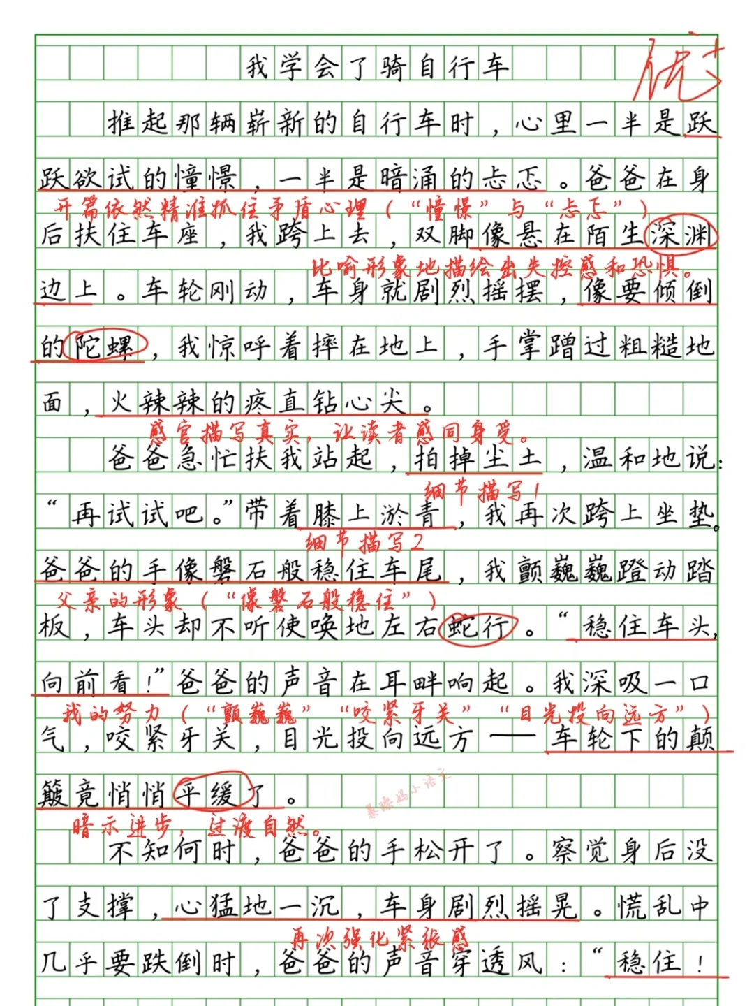 暑假优秀作文批改：《我学会了骑自行车》