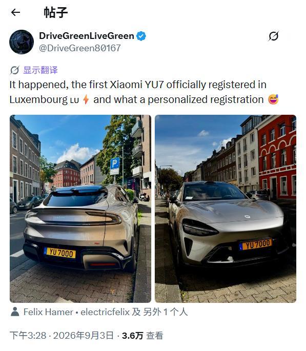 德→瑞→卢森堡！私人进口国产电车在欧洲玩嗨了~

先是德国玩家私人进口小米 YU