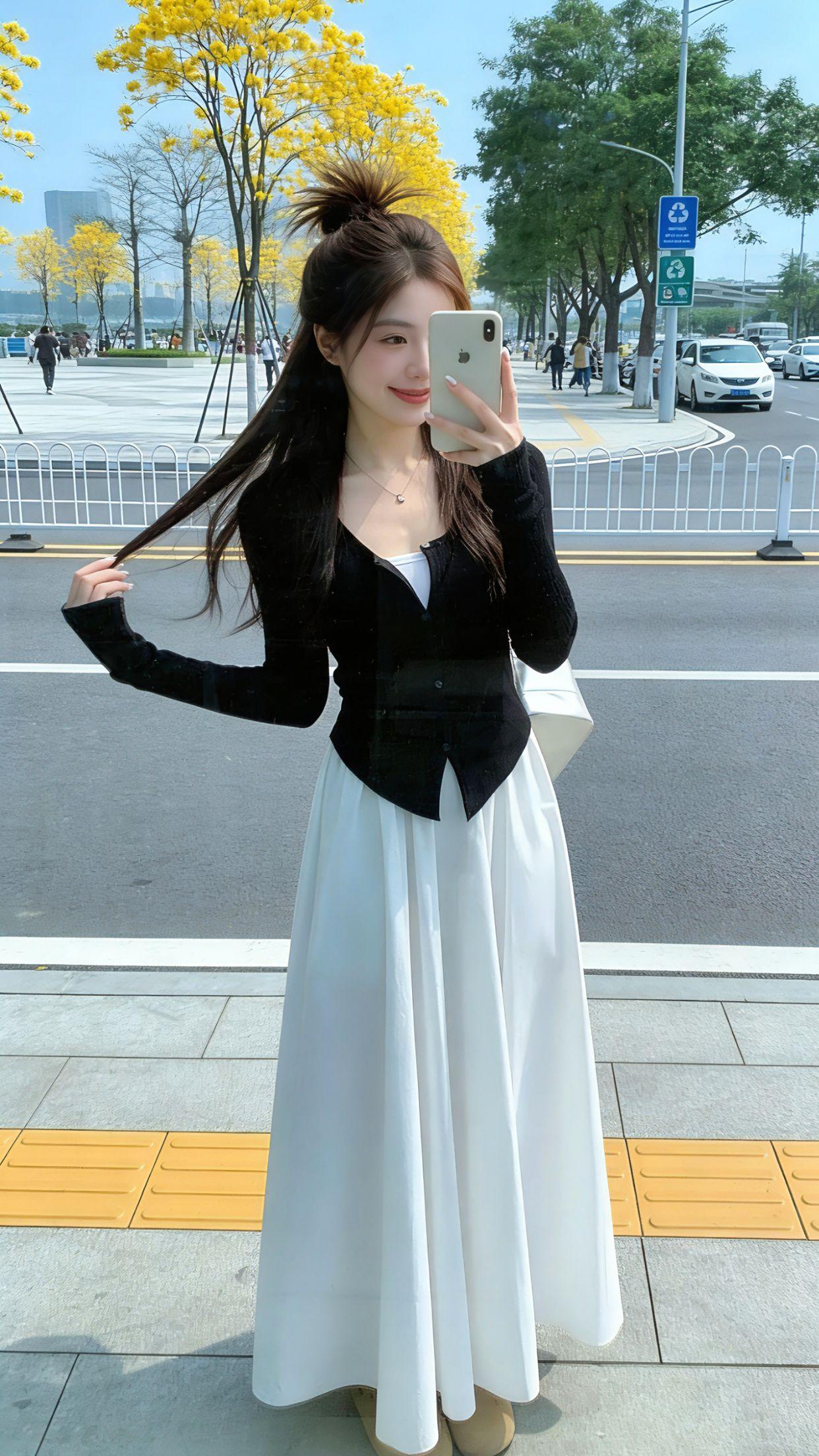 春天出门逛街就锁死这套！黑针织开衫修身不紧绷，刚好遮住腰腹肉肉，搭配垂感白长裙，