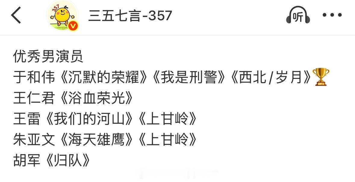 飞天奖优秀男演员提名预测依旧错一个…飞天奖 ​​​