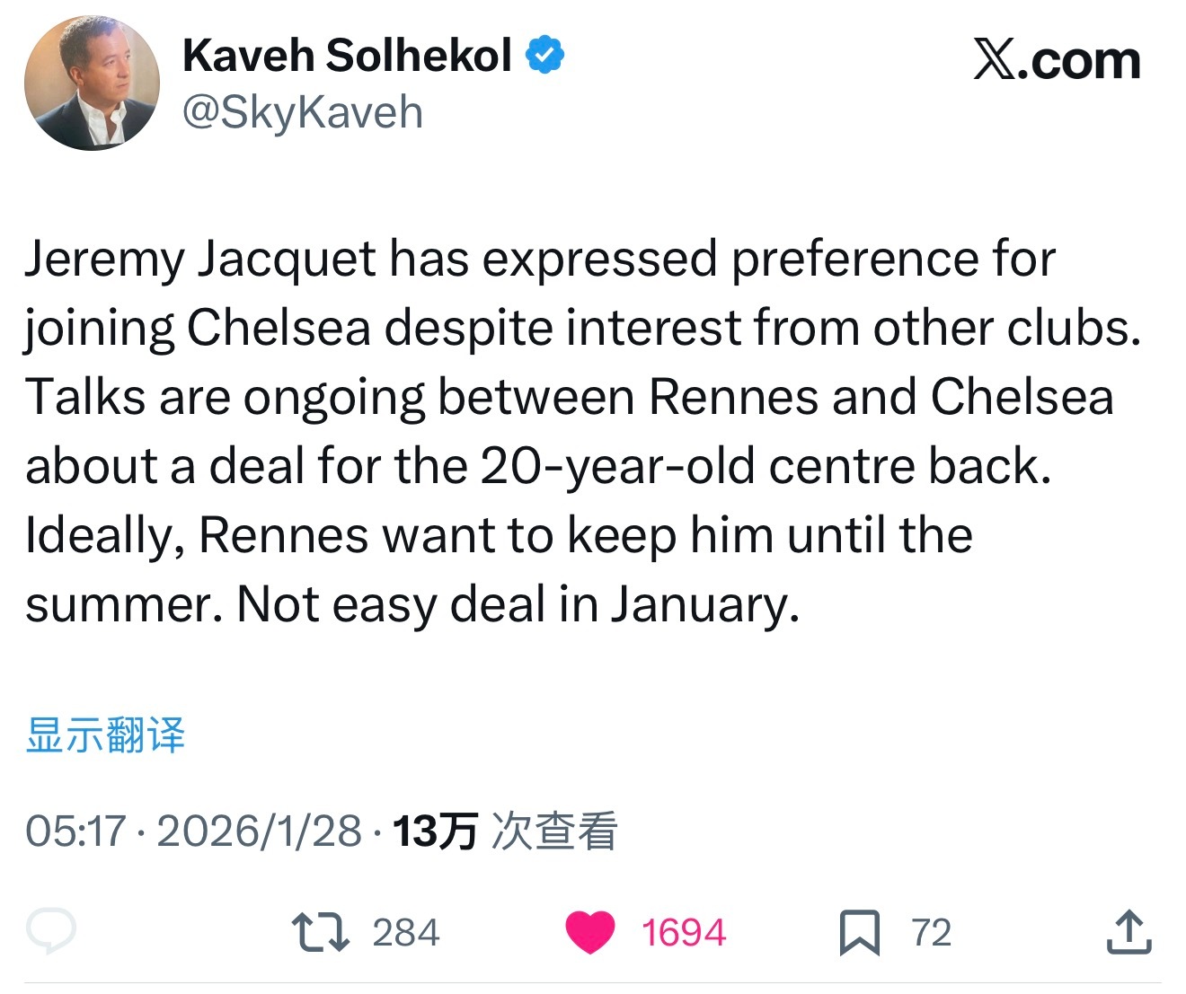 尽管其他俱乐部也对他感兴趣，但杰里米·雅特还是更倾向于加盟切尔西。雷恩和切尔西正