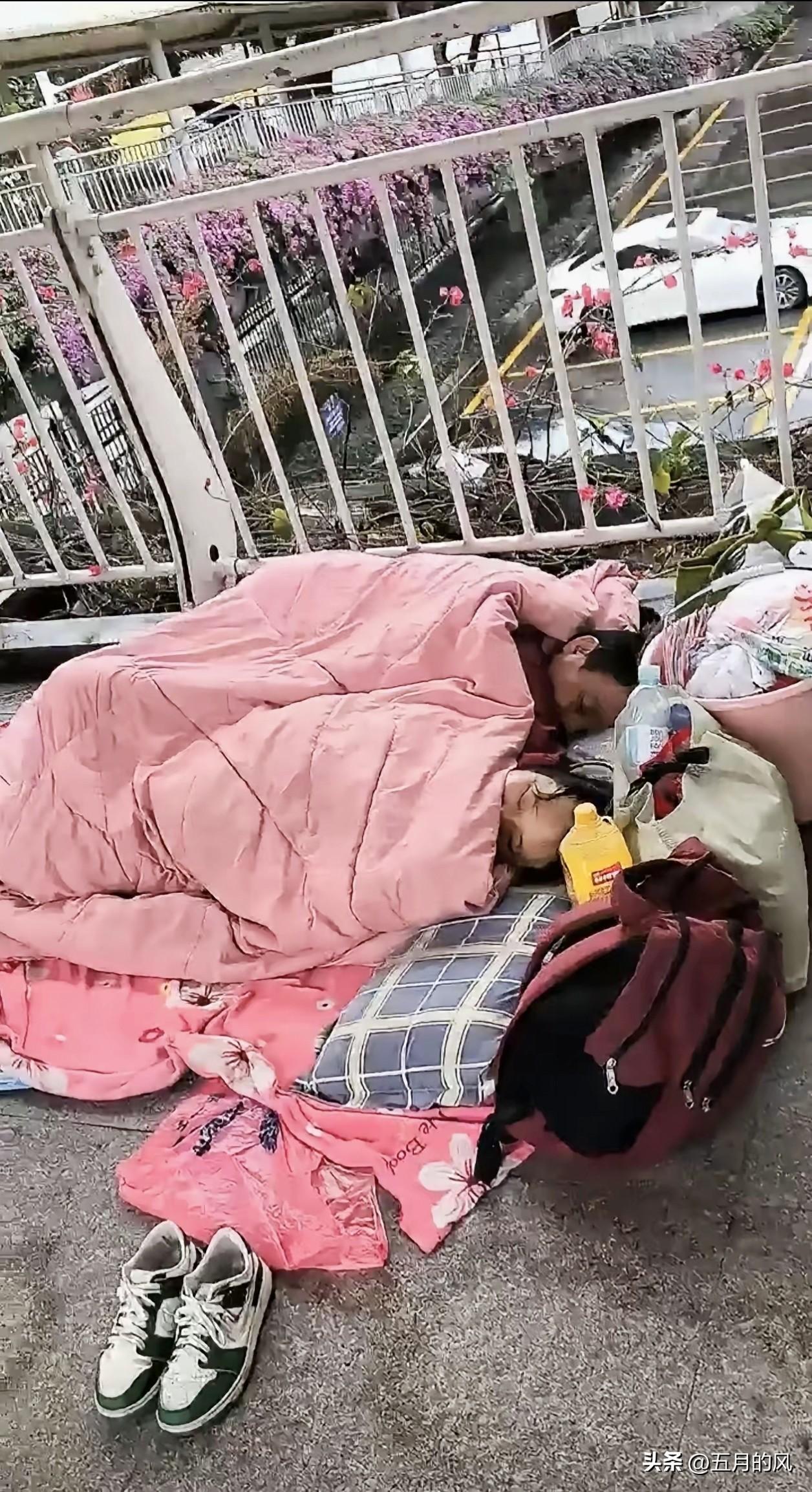 广东的春寒比冬更刺骨

两口子就这样睡在天桥上

一床薄被裹着两个在寒风中瑟瑟发