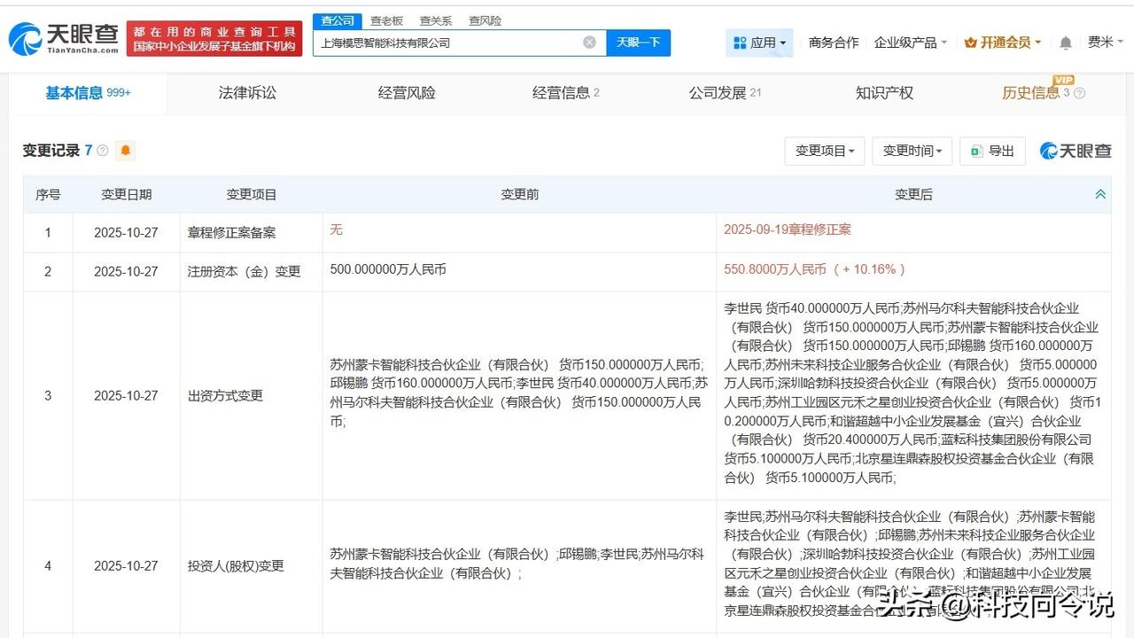 【华为哈勃等入股模思智能】
天眼查App显示，近日，上海模思智能科技有限公司发生