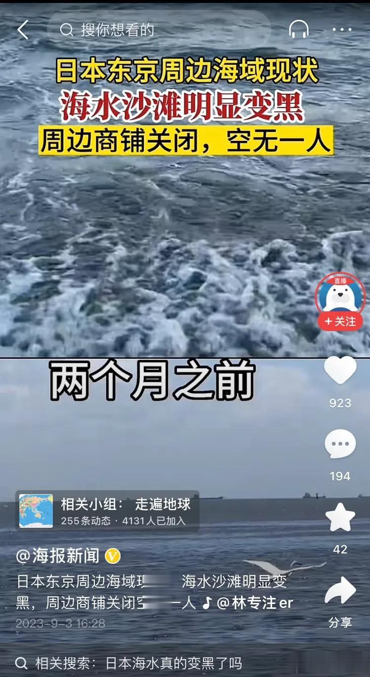 东京周边海域的海水和沙滩都变黑了？有博主拍摄了东京附近某处海滩的现状，与两个月前