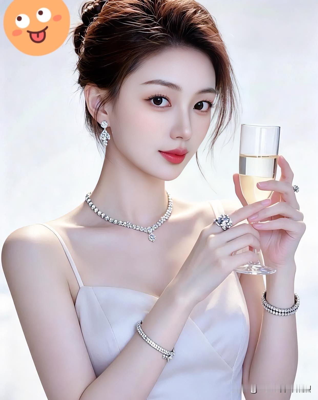 素白裙裾承托璀璨星光，钻光流转于皓腕颈间。执杯浅酌，澄澈酒液漾动优雅韵律，眼眸盛