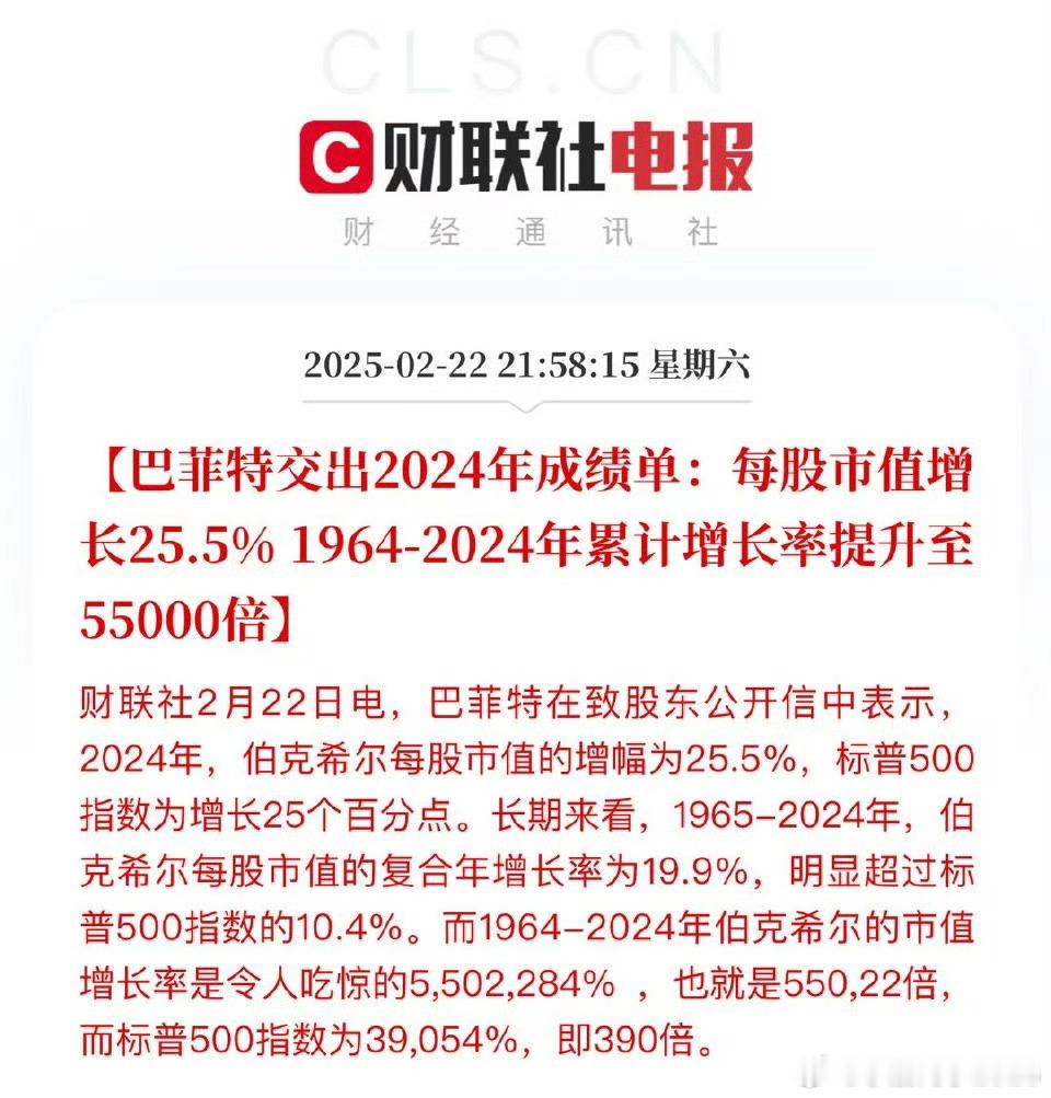 巴菲特交出2024年成绩单：每股市值增长25.5%，1964-2024年累计增长