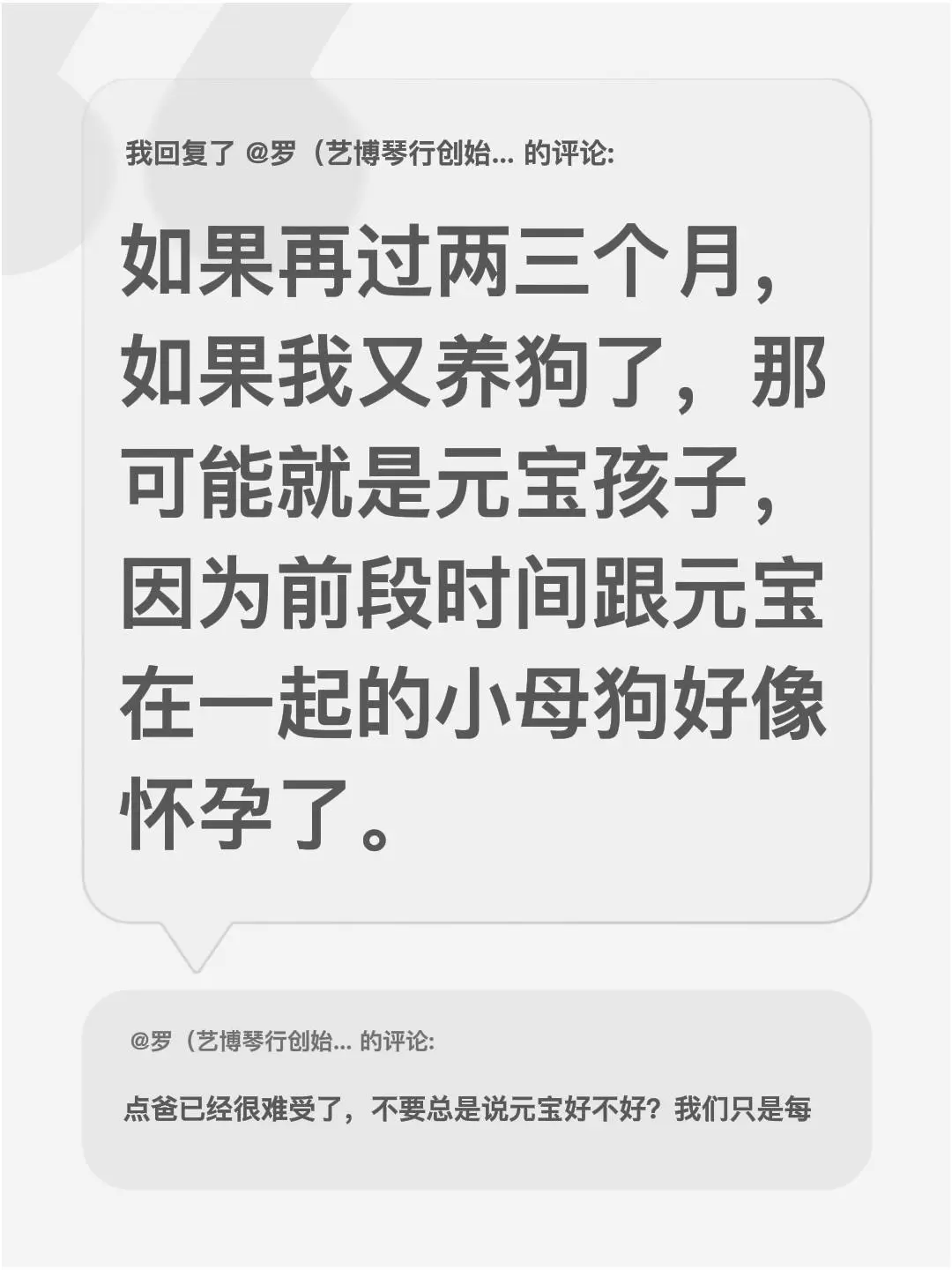 我回复了 的评论： 如果再过两三个月，如果我又养狗了，那可能就是元宝孩...
