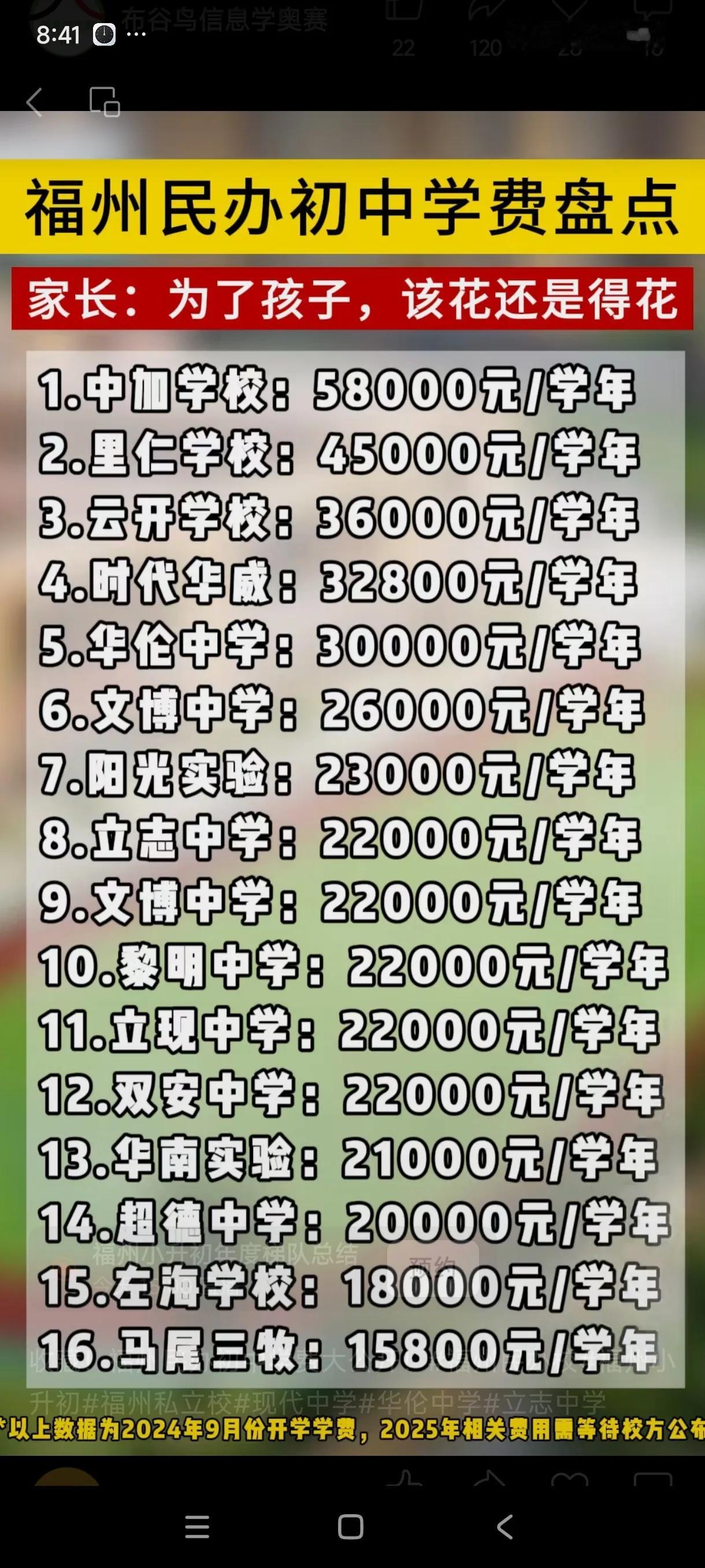 福州私立初中收费排行榜vs福州私立小学收费排行榜