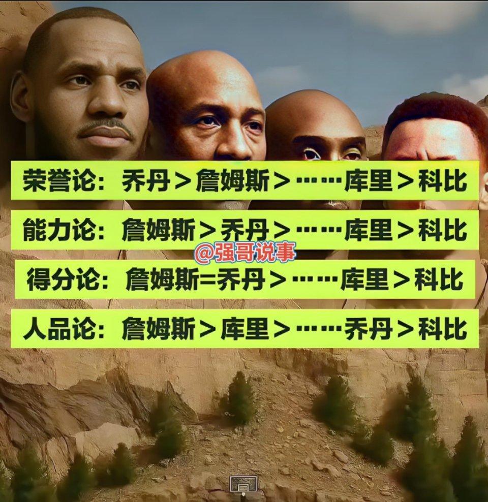 荣誉论：乔丹＞詹姆斯＞……库里＞科比能力论：詹姆斯＞乔丹＞……库里＞科比得分论：