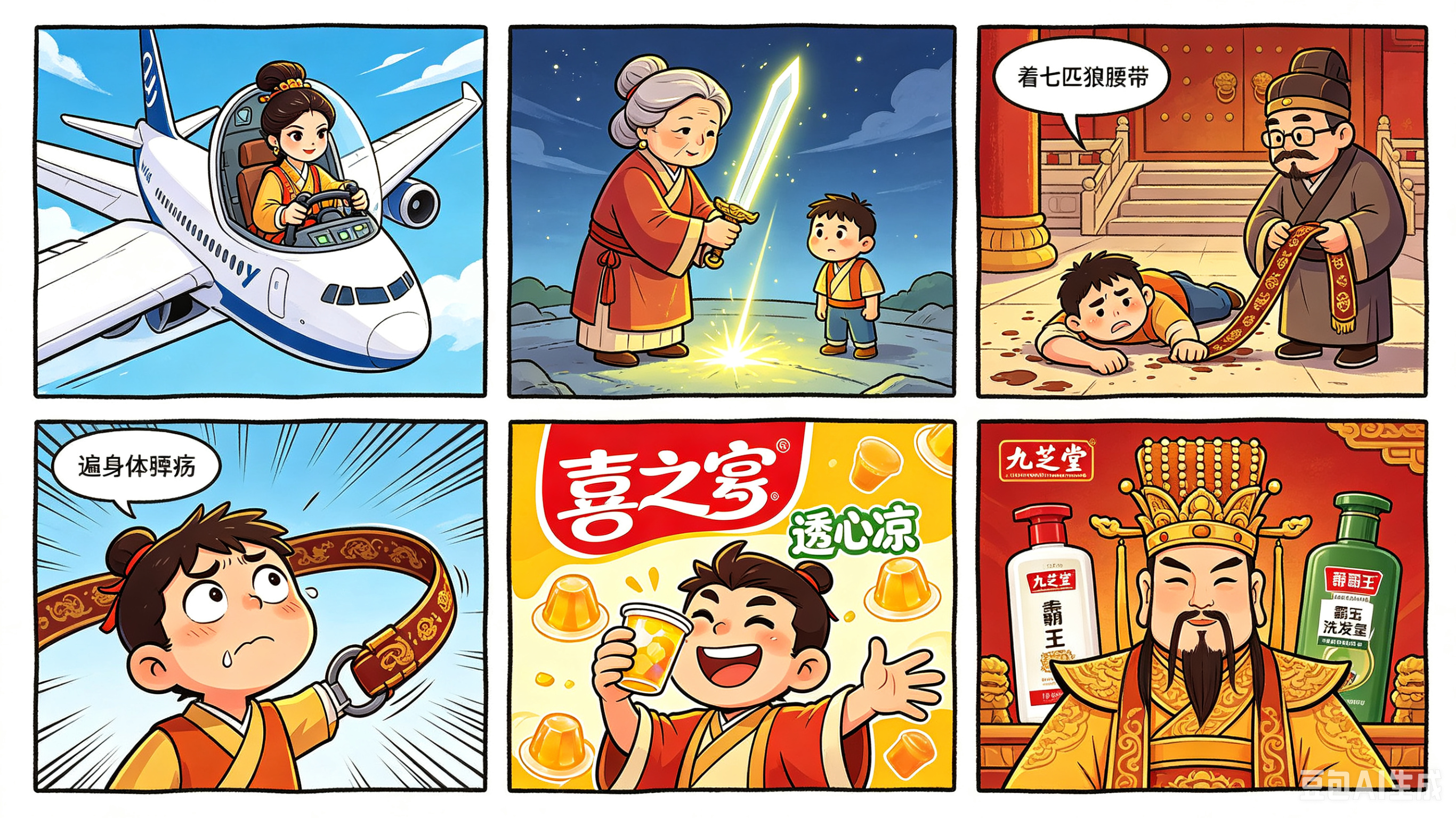 根据这首打油诗，帮我创作一幅6格漫画。唧复唧唧，木兰开飞机，开的什么机，波音74