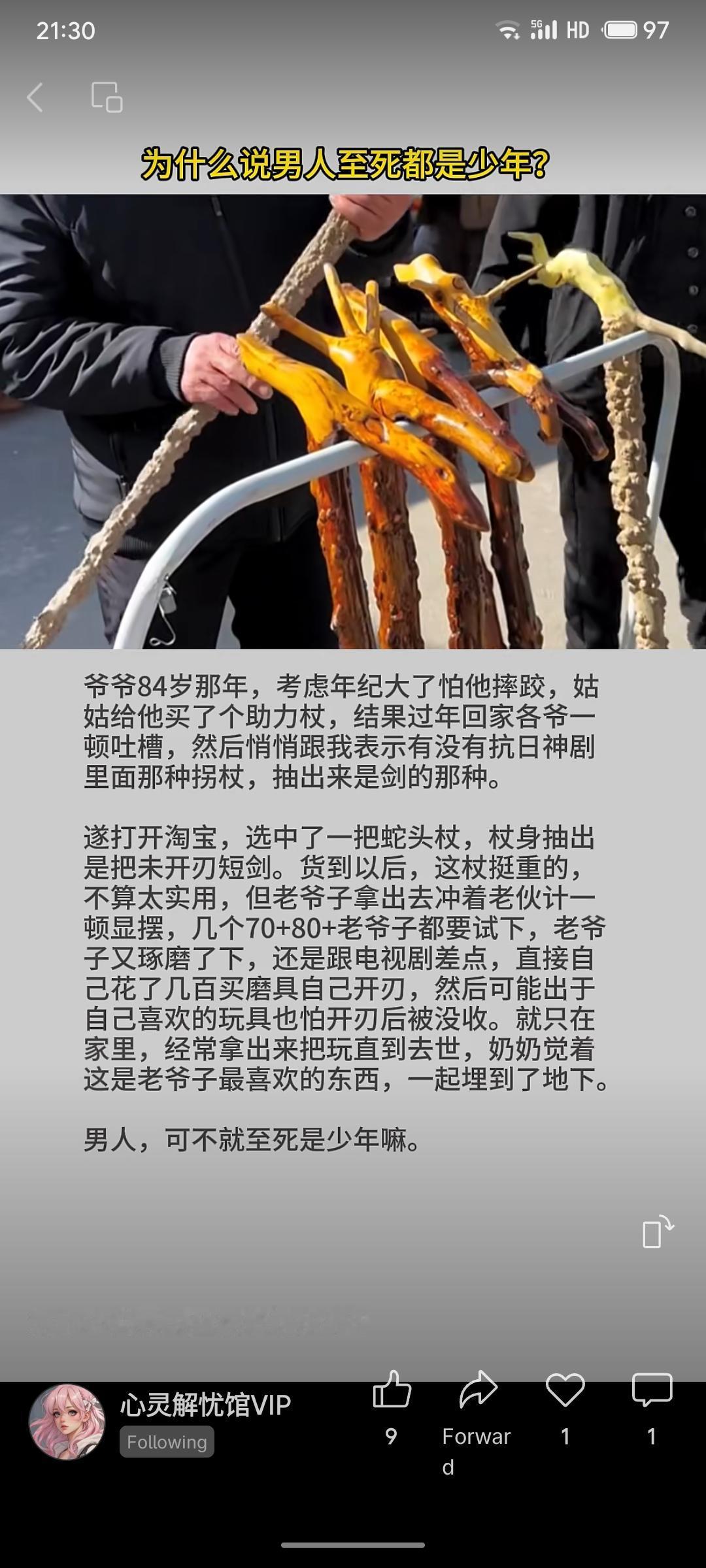 84岁的爷爷嫌弃普通助行杖，让孙子买了能抽出一把短剑的蛇头杖。他不仅向老伙伴们炫