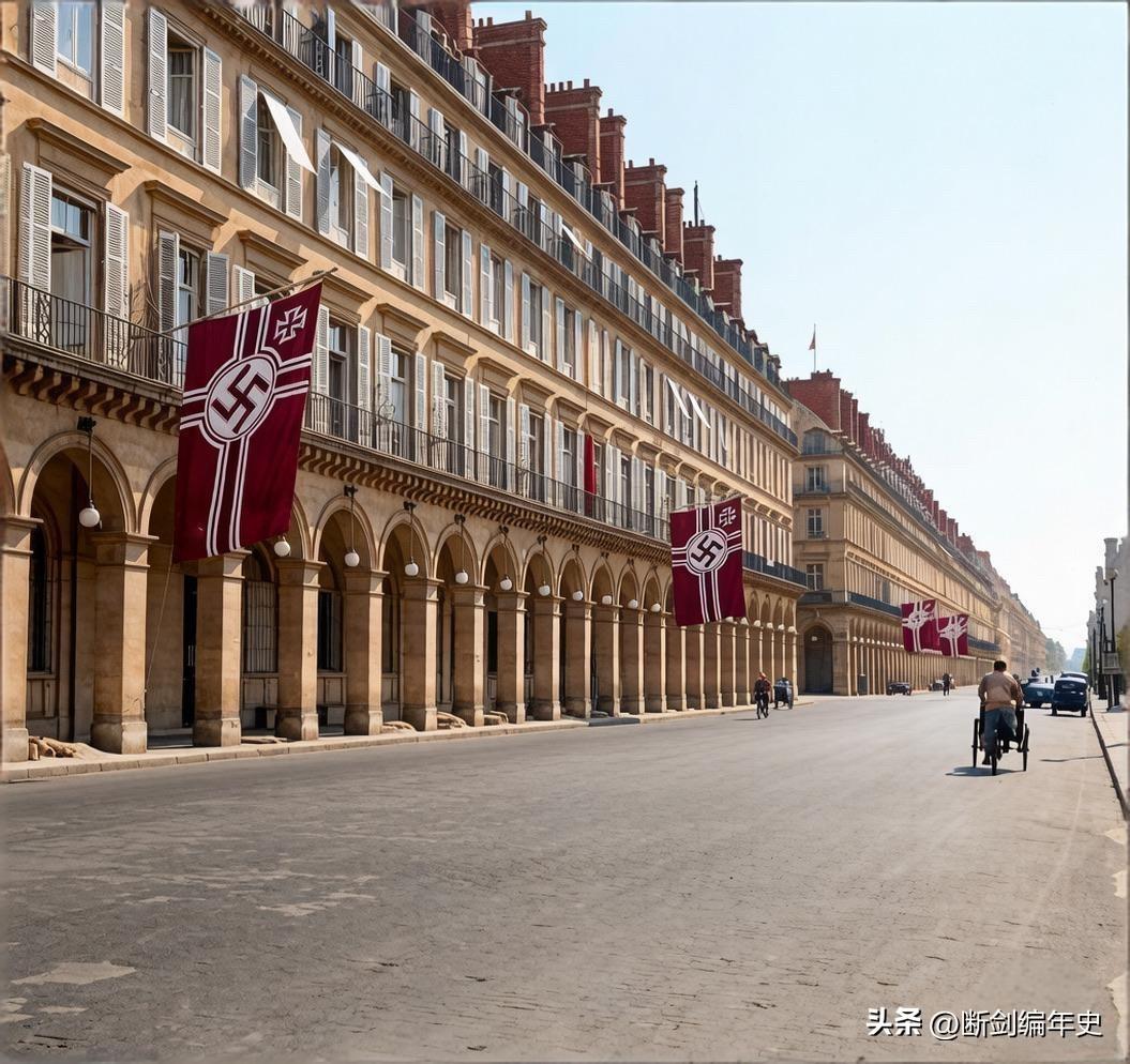 1940年，巴黎。昔日车水马龙的里沃利街此时空荡荡的。向东望去，左边是莫里斯酒店