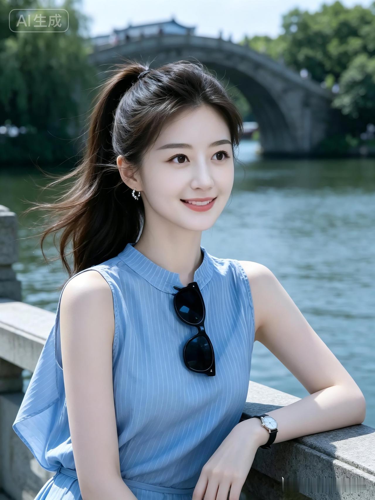 美女马尾随风轻扬，大眼双眼皮笑意温婉。女子身着淡蓝不规则无袖上衣，配饰腕表耳饰精