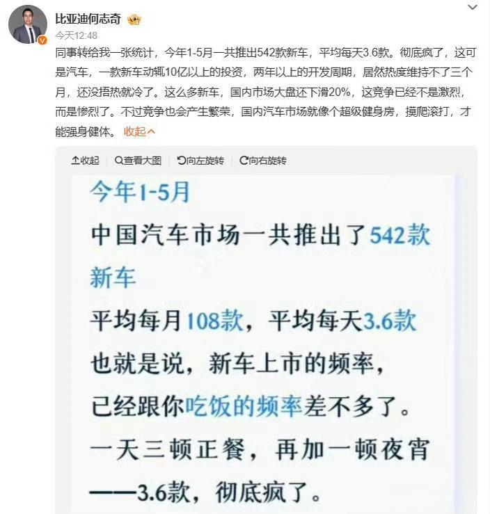 比亚迪股份有限公司执行副总裁何志奇发文称，统计显示，今年1-5月中国汽车市场一共