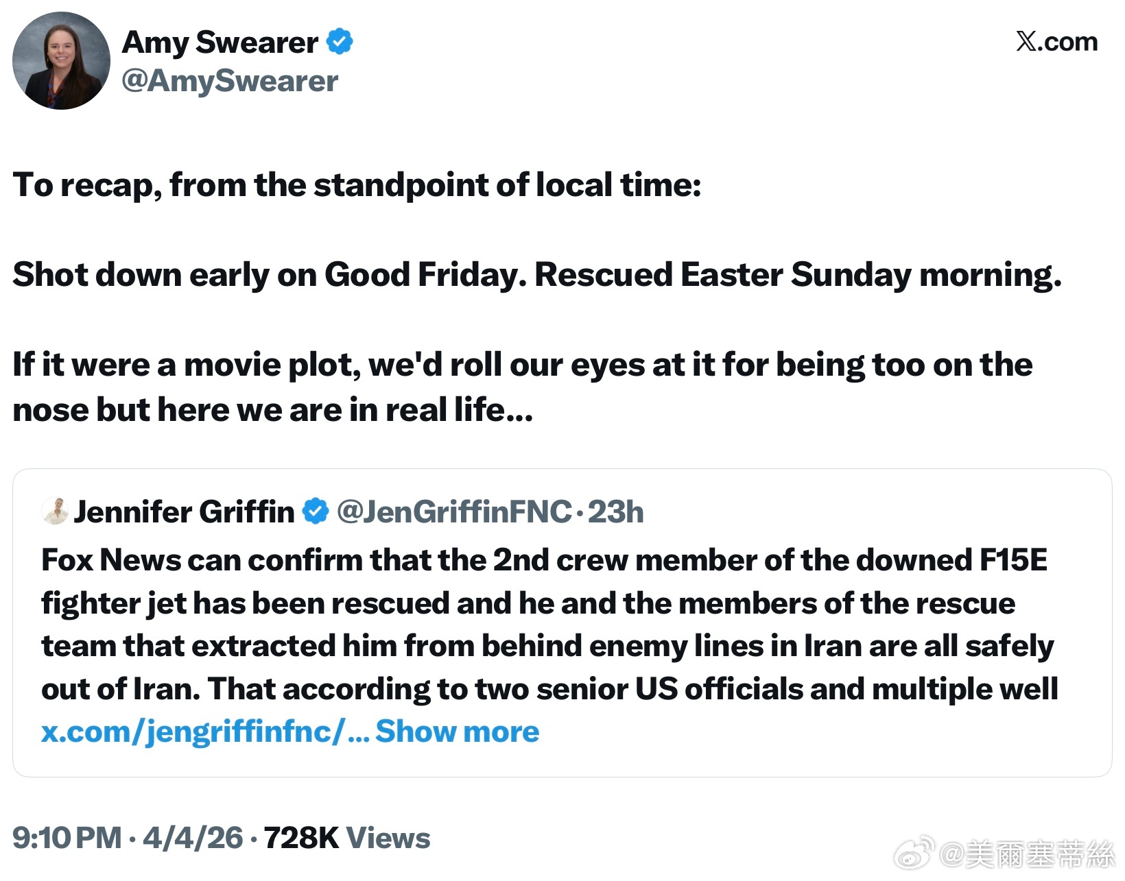根據當地時間回看整個救援行動：F-15E在耶穌受難日凌晨被擊落；第二個機組人員在