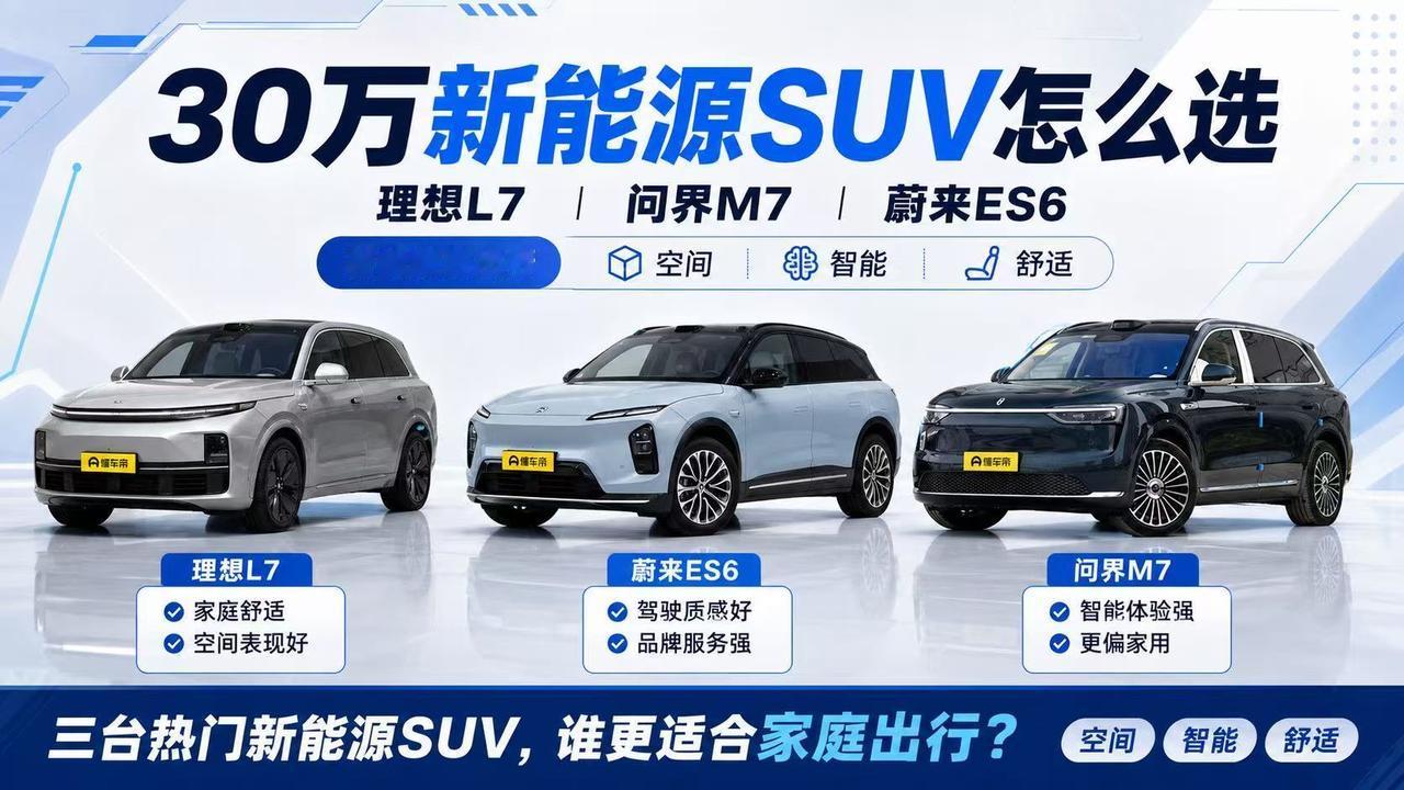 30万新能源SUV怎么选？理想L7、问界M7、蔚来ES6谁更适合家庭？
 
30