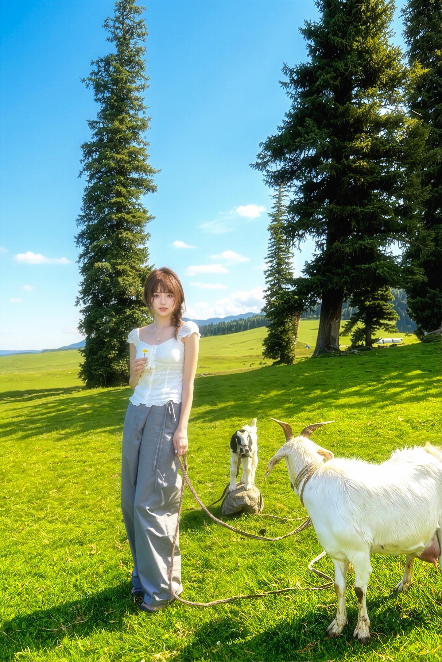 在那拉提拍到小羊小马小溪🐑。今天在那拉提近距离拍到了小羊和小马 毛茸...
