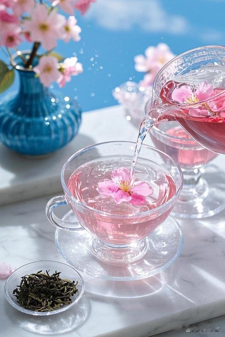 随手拍张照河畔的染井吉野樱树下铺开野餐垫，粉白花瓣飘进玻璃茶壶。草莓大福摆成樱花