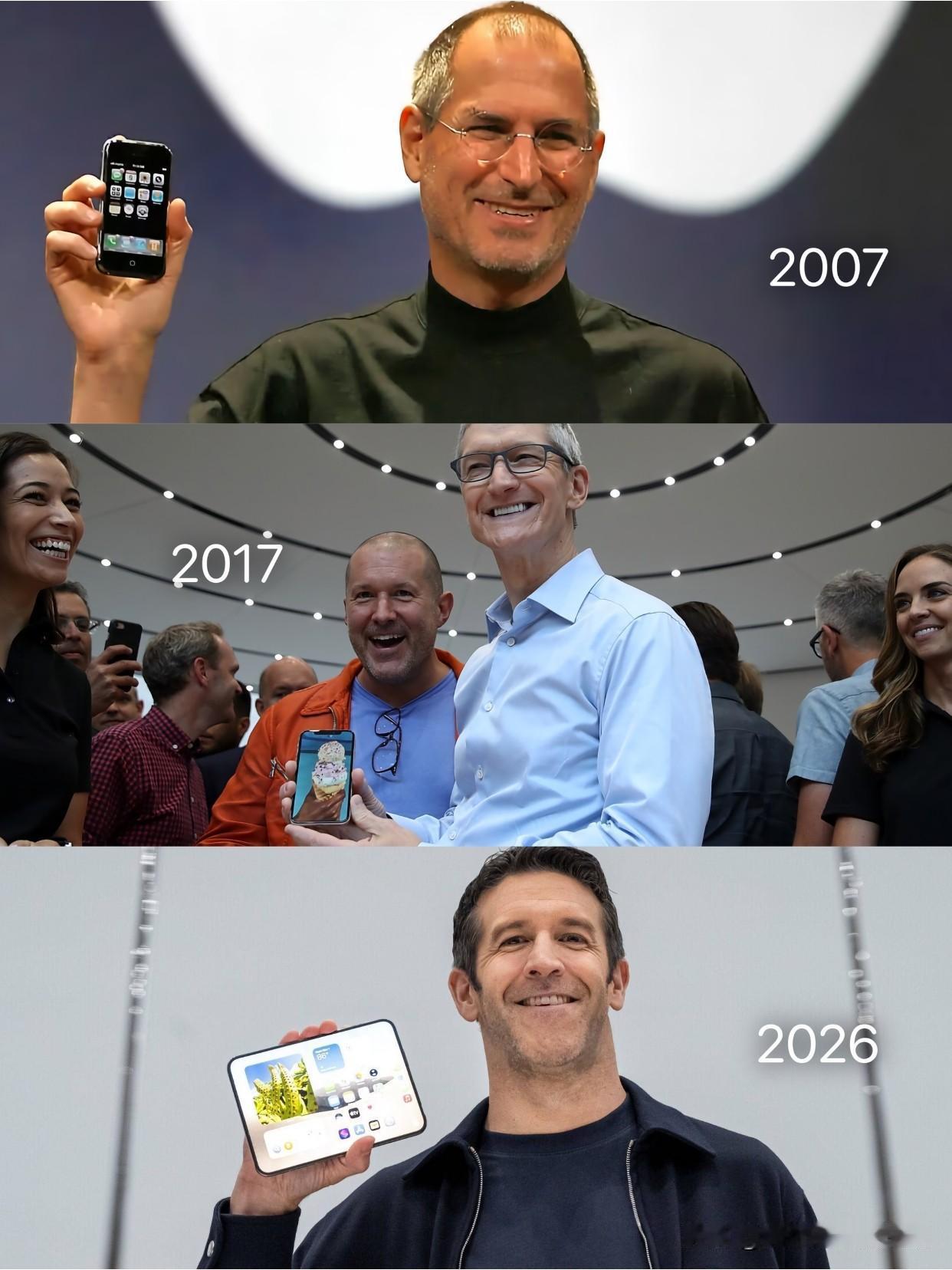 一张图把苹果三个时代摆到了一起。2007年乔布斯手里的初代iPhone，2017