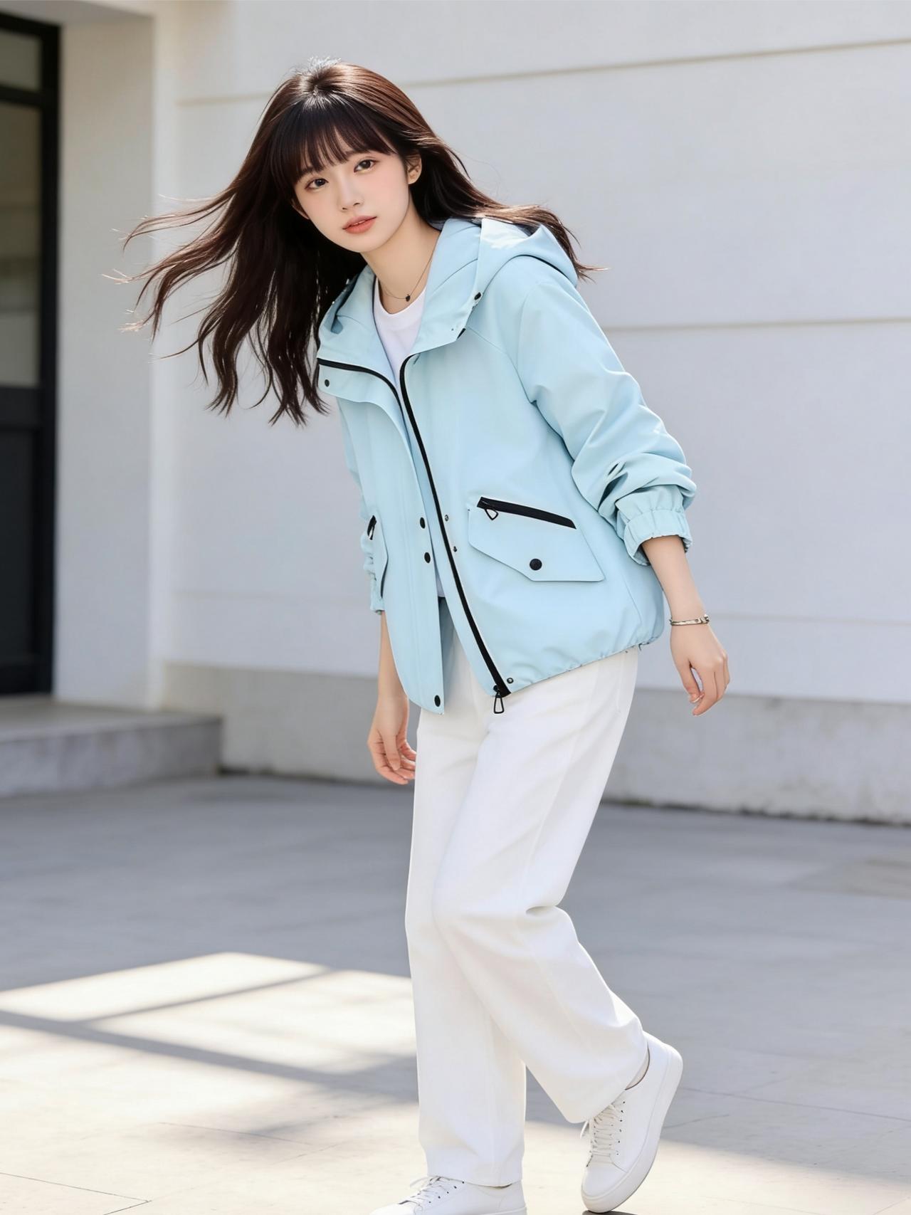 春日午后，阳光正好，一身清新穿搭点亮好心情！浅蓝色夹克如天空般澄澈，轻盈的质地带