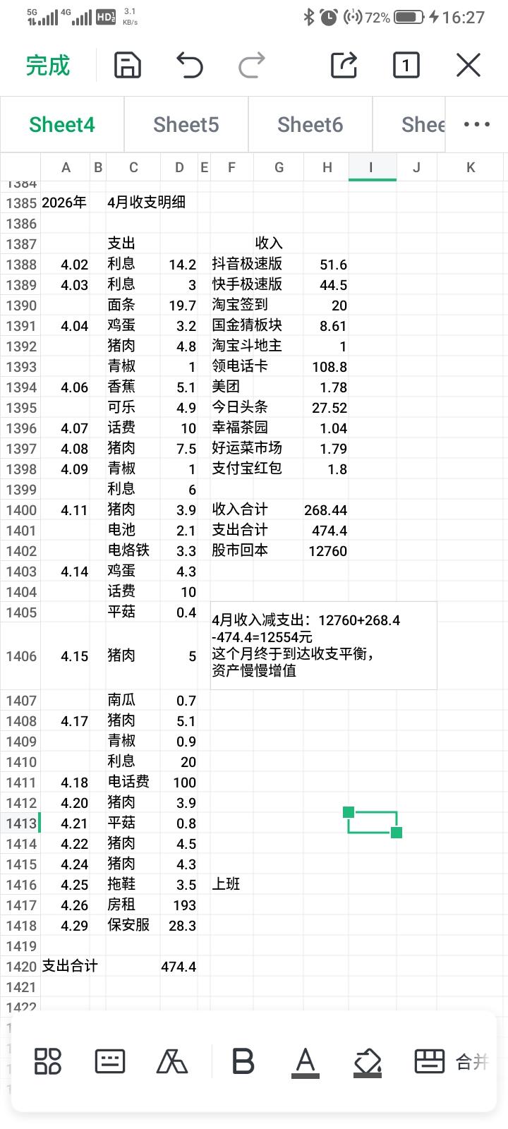 4月又结束了，这个月收入减支出：股市收入12760+网上玩手机收入268.4-各