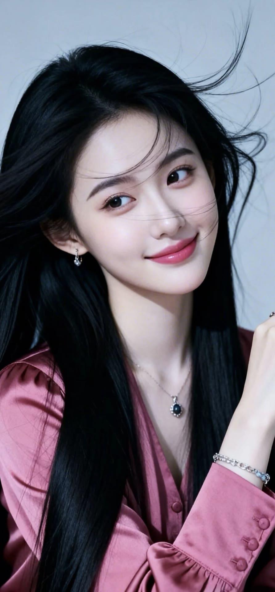 甜美少女风，粉色衬衫搭配黑色长发，温柔微笑，元气满满！💖✨