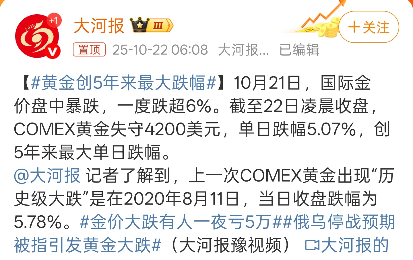 黄金创5年来最大跌幅金价大跌有人一夜亏5万 黄金这跌幅跟股票似的，不过之前涨了那