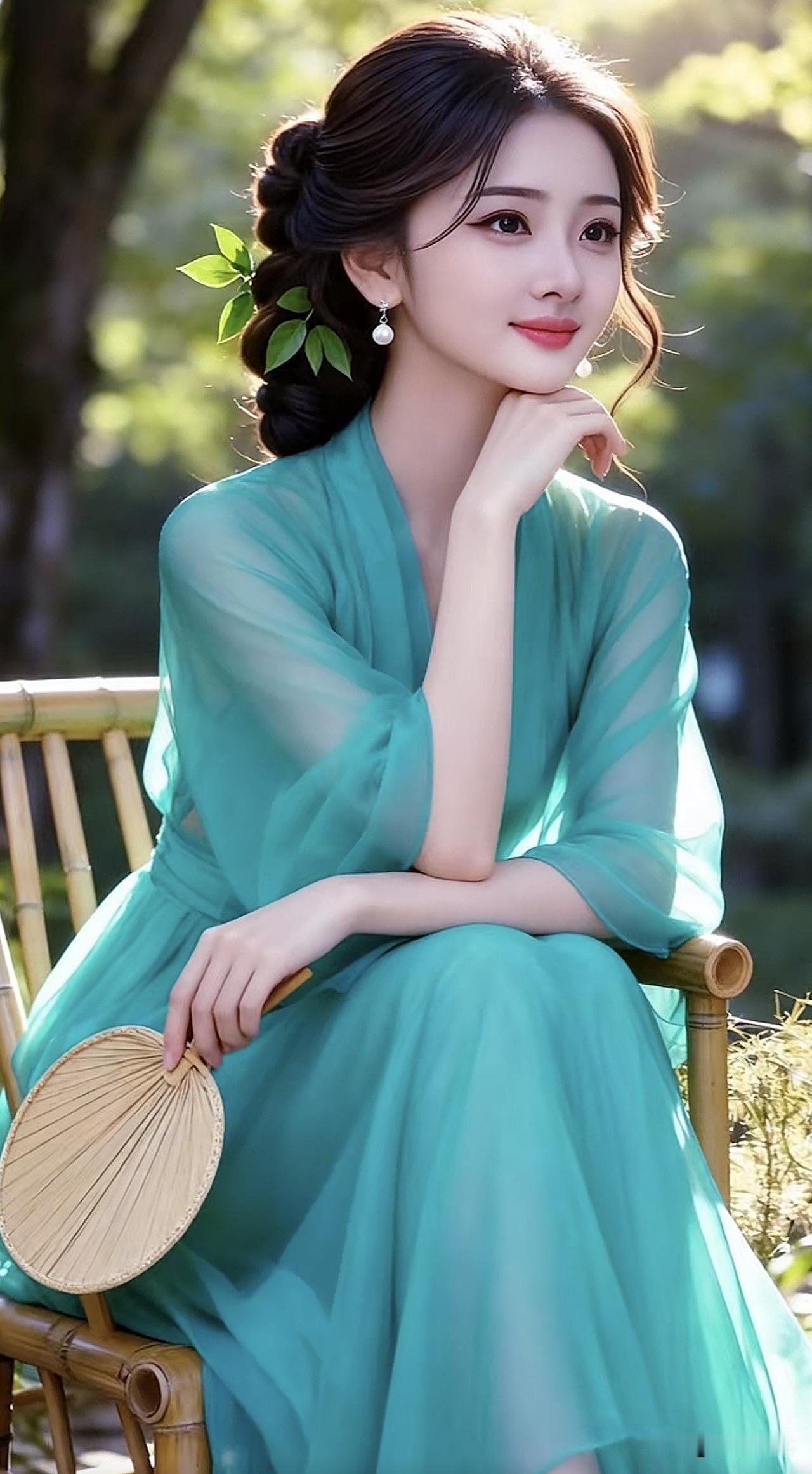绿衣美人，竹椅轻倚，手持团扇，韵味悠长。绿裙美人 绿花旗袍少女 团扇古装照 绿花