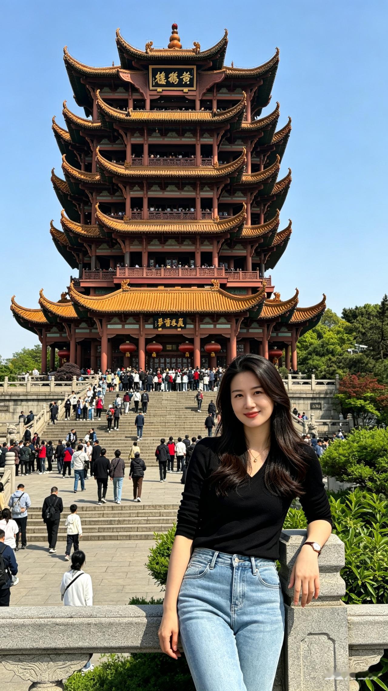 五层红梁木构黄鹤楼飞檐醒目，石阶游人错落，长发女子倚灰石栏杆，黑衣配浅蓝牛仔裤，