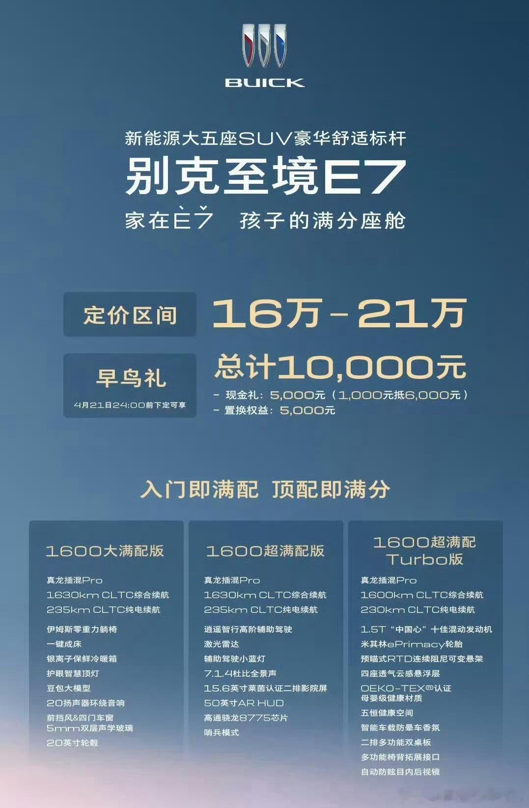 别克高端新能源子品牌至境的首款SUV至境E7开启了预售，价格16万-21万元，定