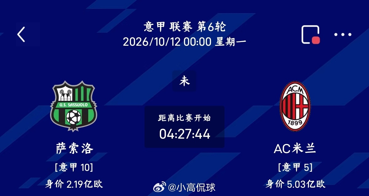 萨索洛vsAC米兰020意甲方向：客胜比分：1:2、0:2、1:1总进球：2、3