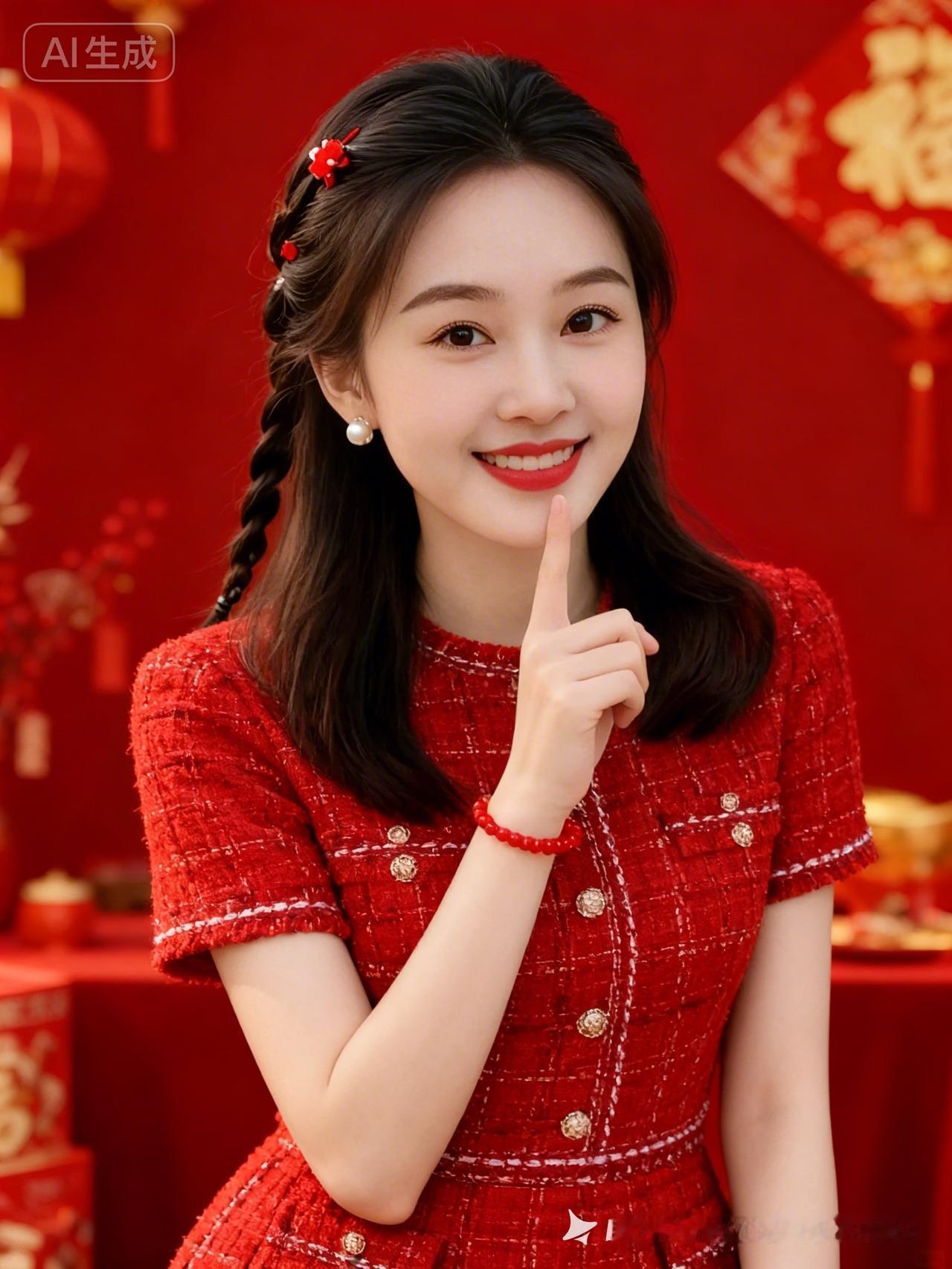 女士身着红色小香风连衣裙，笑容温柔明媚，气质优雅。红色喜庆背景与服饰相映，氛围感